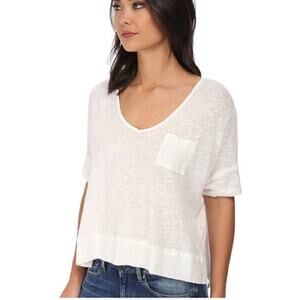 Free People Slouchy Cropped Oversized Linen Blend Cream Tee Shirt Sz Small